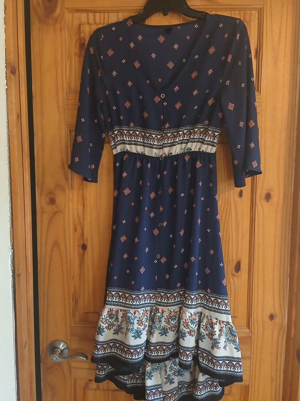 Lapis Navy & Rust Boho V-Neck Midi Dress